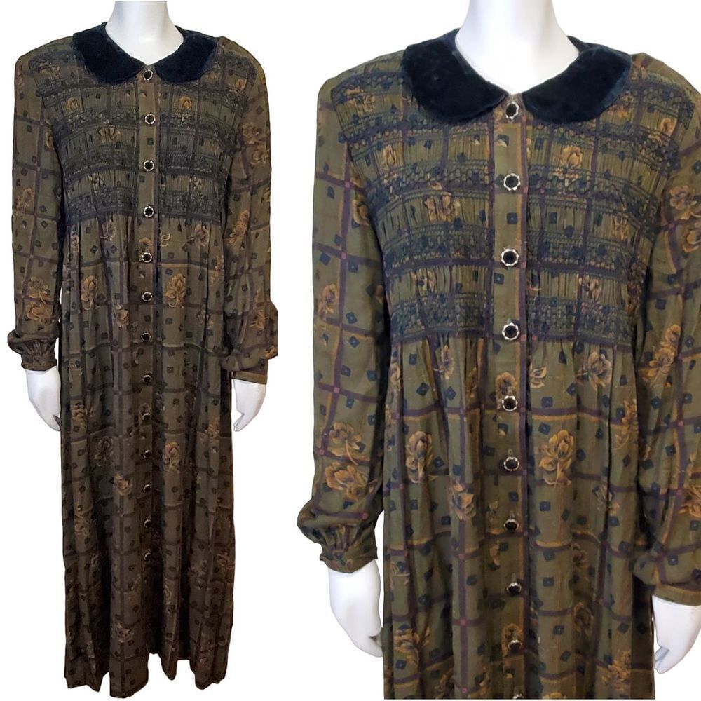 VTG 90s Dark Floral Plaid Cottagecore Velvet Collar Long Sleeve Modest Dress 12
